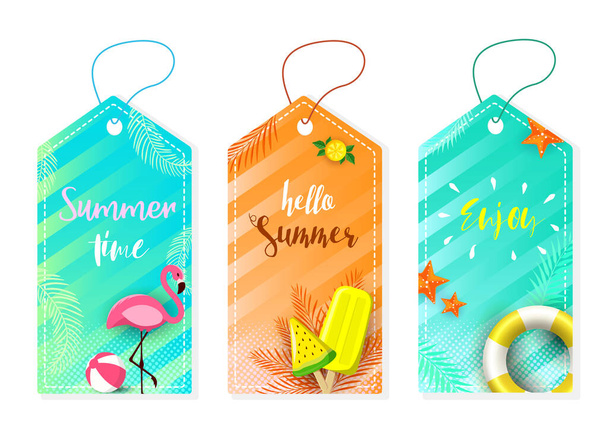 Summer set of sale and gift labels, tags with fun elements, hand drawn lettering. Collection with palm tropical leaves, plants, flamingo, ice cream, coconut and much more. - ベクター画像