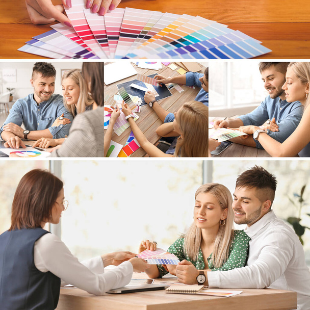 Collage de photos avec une femme décoratrice d'intérieur travaillant avec un couple au bureau
 - Photo, image