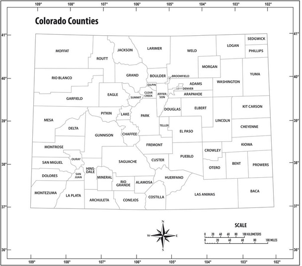 Colorado állam vázlatos közigazgatási és politikai vektor térkép fekete-fehér - Vektor, kép