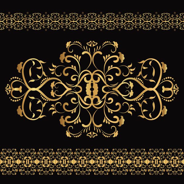 Set of 2 luxury borders and logo. Vector template for workpiece for your design. Illustration of a gold tracery element on a black background. Foil stamping. - Vetor, Imagem