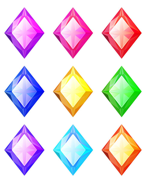 Set of cartoon rhombus different color crystals, rhinestones, gems, diamonds vector stock collection for game design isolated on white background. Gui elements, vector assets. Menu for mobile games - Vetor, Imagem