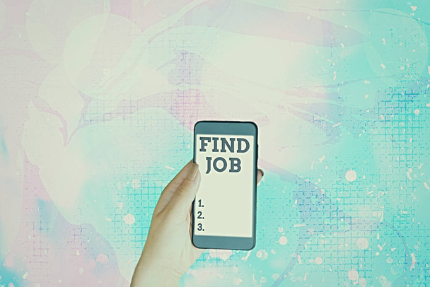 Sinal de texto mostrando Find Job. Foto conceitual Um ato de demonstração para encontrar ou procurar trabalho adequado para sua profissão
. - Foto, Imagem