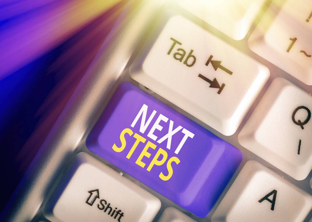 Szövegírás Next Steps. A folyamatszámra vonatkozó üzleti koncepció a jelenlegi tervezés után készül el. - Fotó, kép