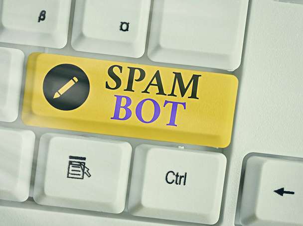 Conceptuele handschrift toont Spam Bot. Zakelijke foto presentatie van autonoom programma op het internet dat spam naar gebruikers stuurt. - Foto, afbeelding