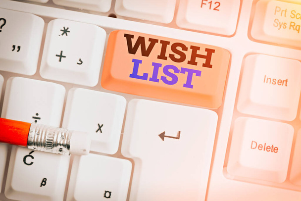 Conceptual hand writing showing Wish List. Business photo text List of desired but often realistically unobtainable items. - Photo, Image