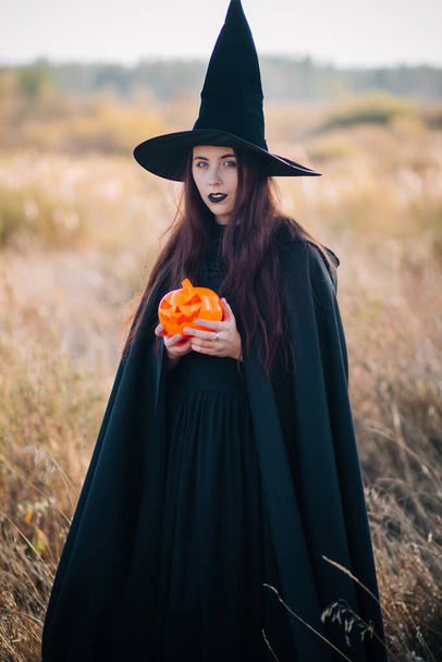 A young witch with pale skin and black lips in a black hat, a dress and a cloak, with a pumpkin in his hands. Girl in a witch costume for Halloween, in the autumn on a background of a field. - Фото, изображение