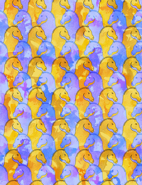 hand drawn seamless colorful bright pattern with horses on colorful background - Photo, Image