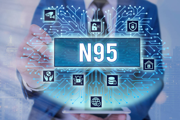 Tekst do pisania słów N95. Koncepcja biznesowa dotycząca środków ochrony indywidualnej stosowanych w celu ochrony użytkownika. - Zdjęcie, obraz