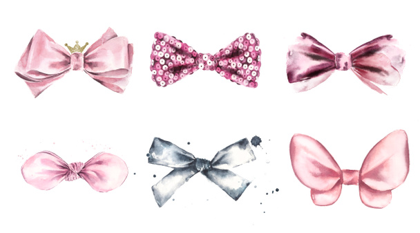 Set of bows and satin and sequin ribbons. Pink cute illustrations for design of cards, invitations, logo design. - Photo, Image