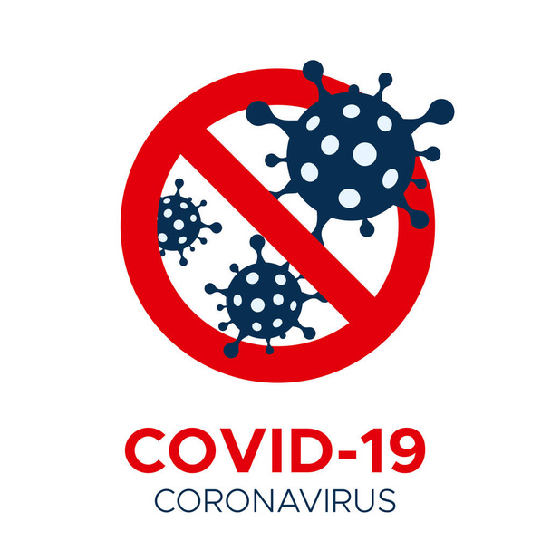 Πινακίδα απαγόρευσης Coronavirus COVID-19. Ιικό κύτταρο του κορονοϊού σε κόκκινο σήμα STOP. Σταμάτα την έννοια της εικονογράφησης του κορωνοϊού. Δεν υπάρχει COVID-19 και να σταματήσει Coronavirus. Απομονωμένο σε λευκό επίπεδο εικονίδιο Εικονογράφηση - Φωτογραφία, εικόνα