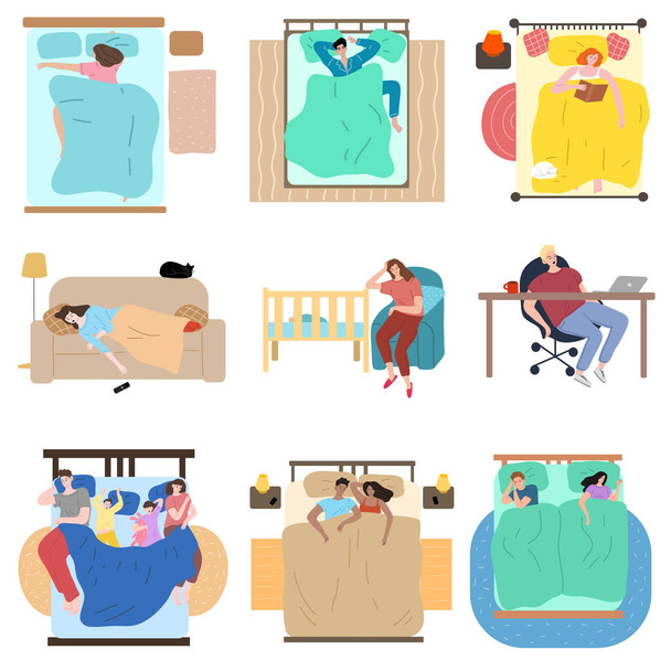 Conjunto de personas durmiendo en diferentes poses y lugares ilustración vectorial
 - Vector, Imagen