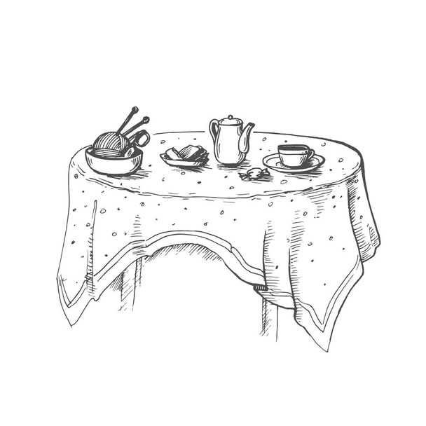 Vector image of a table with a tablecloth and teapots standing on it, a cup, a ball and knitting needles and candy - Vetor, Imagem