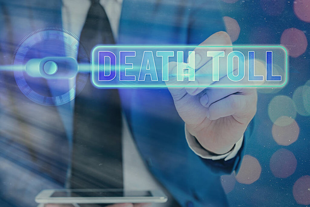 Schreibender Zettel mit der Todesstrafe. Geschäftsfoto zeigt die Anzahl der Todesfälle infolge eines bestimmten Vorfalls. - Foto, Bild