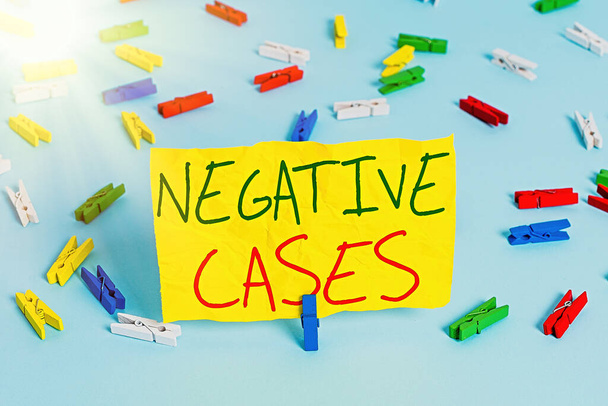 Handwriting text writing Negative Cases. Concept meaning circumstances or conditions that are confurmed to be false Colored clothespin papers empty reminder blue floor background office pin. - Photo, Image