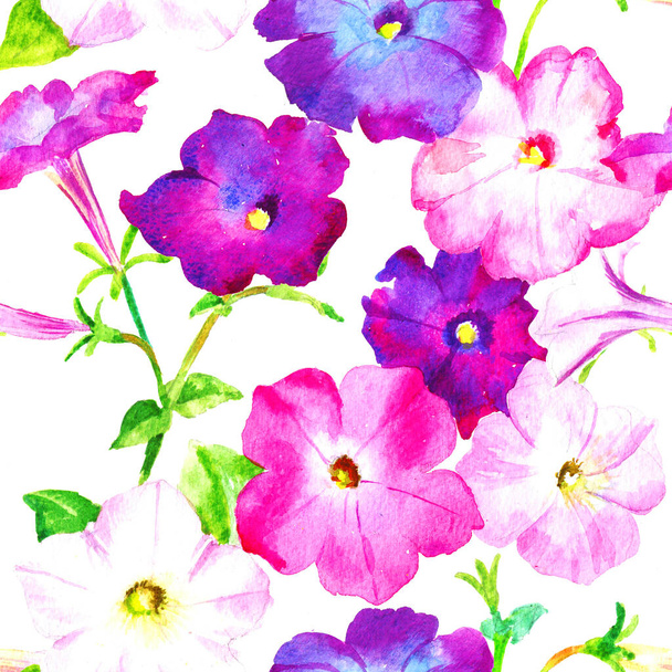 Pink and lilac flowers, watercolor raster seamless pattern - Photo, Image