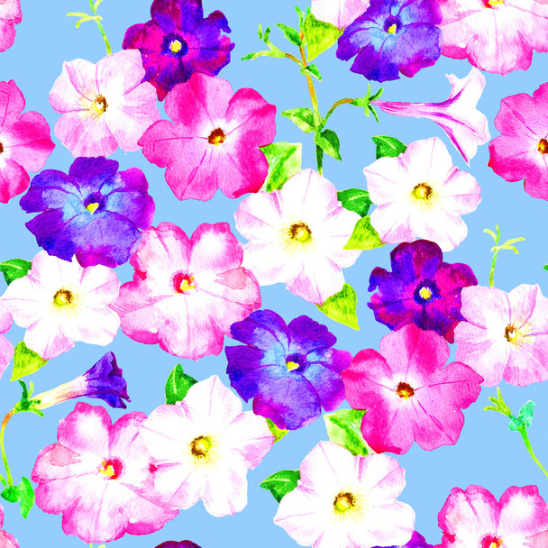 Pink and lilac flowers, watercolor raster seamless pattern - 写真・画像