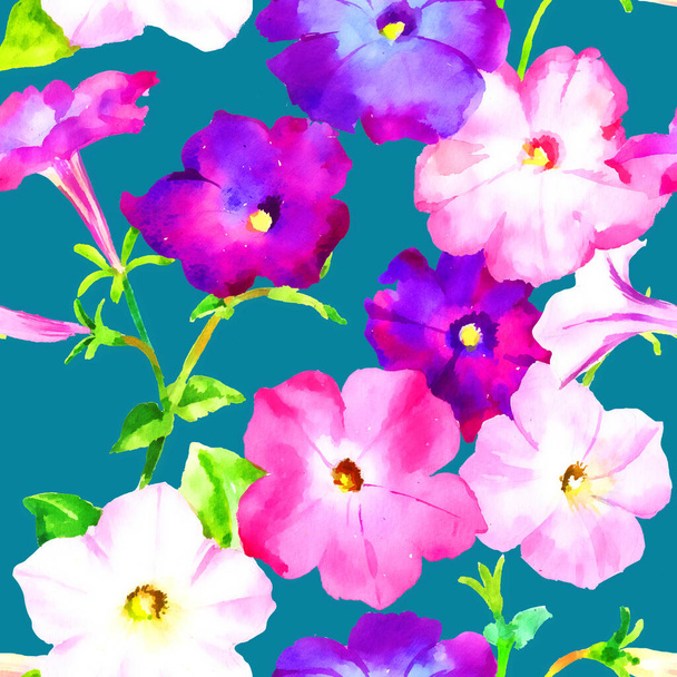 Pink and lilac flowers, watercolor raster seamless pattern - Фото, изображение
