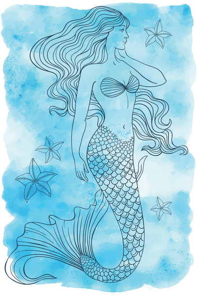 Beautiful mermaid outline vector hand drawn illustration on watercolor background - Vector, Image