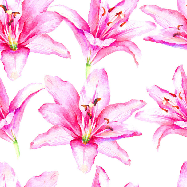 Watercolor hand paint pink lily, seamless pattern, template for textile, wallpaper, wrapping paper. - Фото, зображення