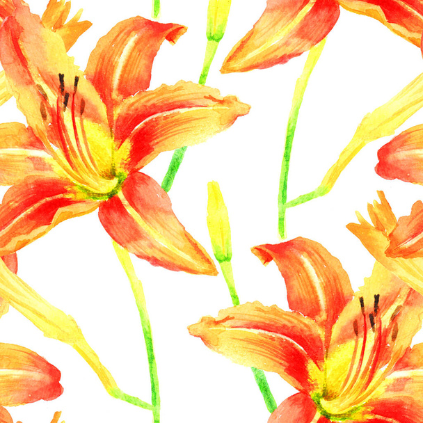 Watercolor hand paint orange lily, seamless pattern, template for textile, wallpaper, wrapping paper. - Foto, imagen