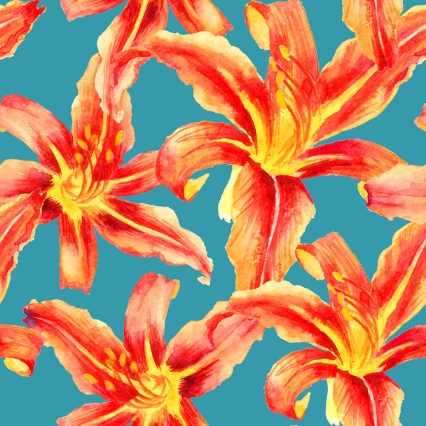 Watercolor hand paint orange lily, seamless pattern, template for textile, wallpaper, wrapping paper. - Фото, зображення