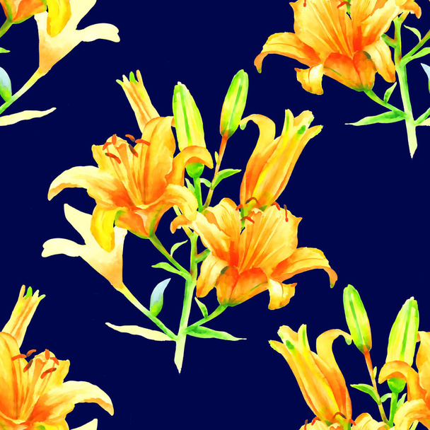 Orange lily, hand paint watercolor seamless pattern, template for textile, wallpaper, wrapping paper. - Fotografie, Obrázek