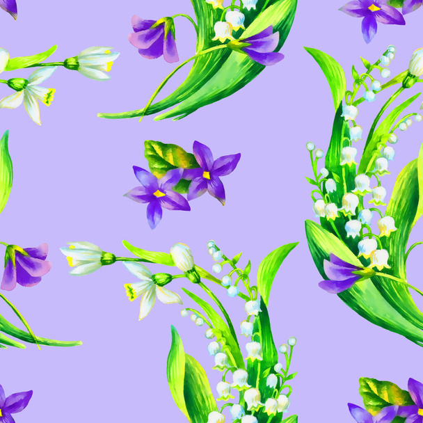 Spring flowers: snowdrop, may-lilly, viola  seamless pattern, hand paint watercolor illustration, template for textile, wallpaper, wrapping paper. - Foto, immagini
