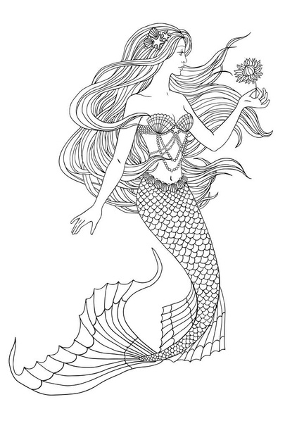 Hand drawn mermaid holding a flower, on white background, linen vector illustration for coloring book. - Вектор, зображення