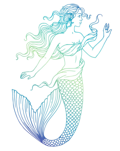 Beautiful mermaid outline vector hand drawn illustration on watercolor background. - Vektor, obrázek
