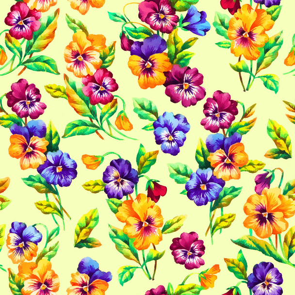 Pansy, hand paint watercolol raster seamless pattern, template for textile, wallpaper, wrapping paper. - Φωτογραφία, εικόνα