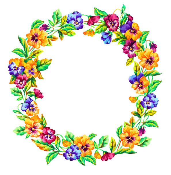 Pansy wreath, hand paint watercolor illustration. - Фото, зображення