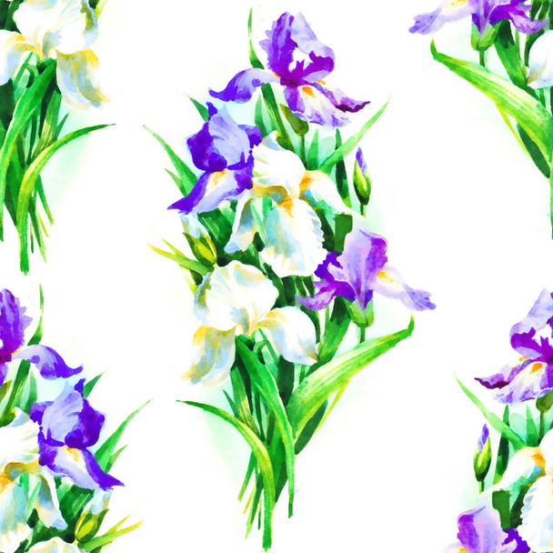 Bouquet of white and lilac irises, watercolor raster seamless pattern, template for textile, wallpaper, wrapping paper. - Foto, afbeelding