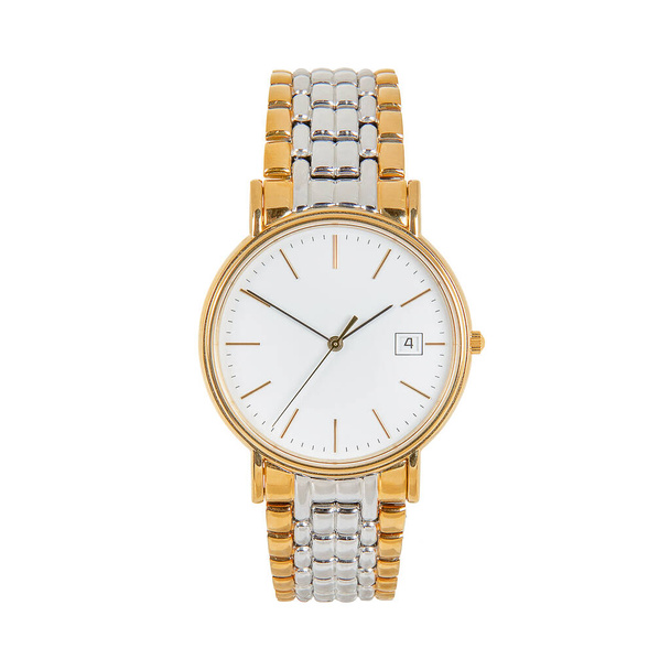 Luxusní klasické hodinky s bílým ciferníkem a kalendářem a ocelovým popruhem - Fotografie, Obrázek