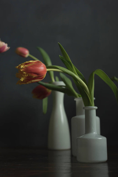 White vases with red tulips on a wooden table.  - Photo, image