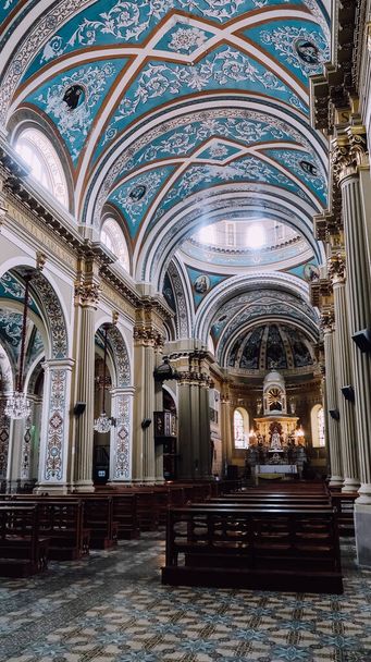 SALTA, ARGENTINA - CIRCA NOVEMBER 2019: painted blue ceiling inside catholic church Basilica San Francisco in old colonial town Salta on the northwest of Argentina. - Photo, image