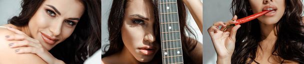Collage de hermosa mujer sosteniendo la guitarra acústica y el chile en casa, plano panorámico
 - Foto, imagen