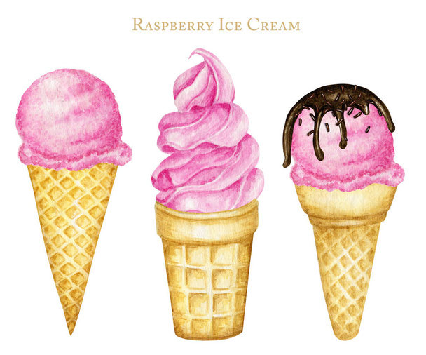 Különböző málna eper rózsaszín fagylalt gombóc díszített csokoládé gofri kúp készlet. Akvarell illusztráció elszigetelt fehér háttér - Fotó, kép