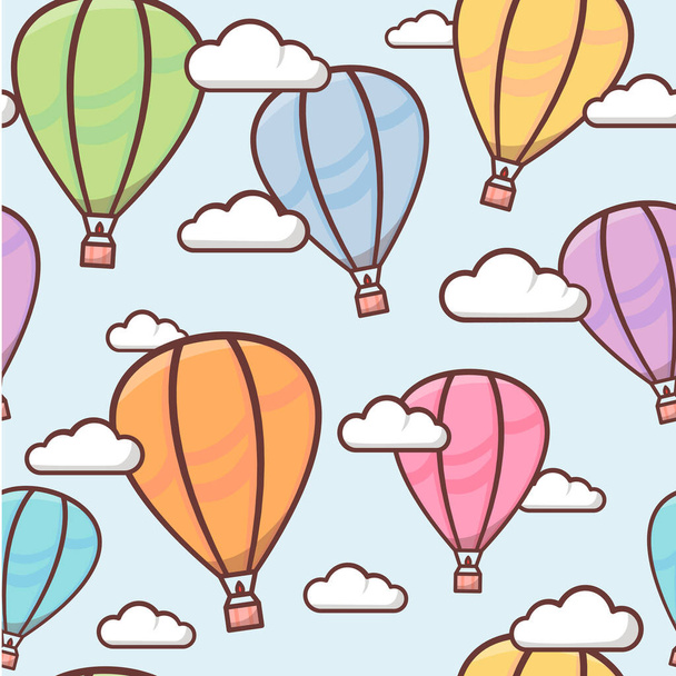 Seamless pattern with colorful outline balloons in the sky with clouds, naive and simple background, vector illustration for children - Vector, Image