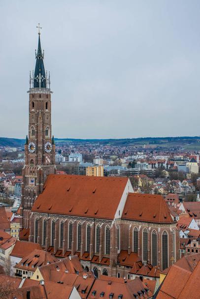 Landshut, Germany - March, 2020: Bird-eye view with historical buildings of Landshut old town, Bavaria, Germany. - 写真・画像