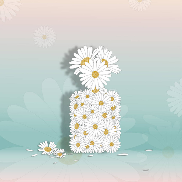 White daisy in perfume shape on pink and green pastel, Blooming spring flowers on blurry background with copy space for message,Greeting card for Valentine's Day,Woman's Day and Mother's Day holiday - Vector, Image