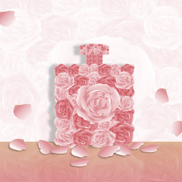 Krásná anglická růže ve tvaru parfému na rozmazané textuře, kvetoucí jarní květy na růžovém pozadí s kopírovacím prostorem pro poselství, blahopřání na Valentýna, Den žen a svátek matekKrásná růžová anglická růže ve tvaru parfému na blu - Vektor, obrázek
