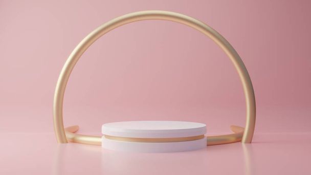 ピンクのパステルカラーの製品は、金のリングを背景に立っています。抽象最小幾何学の概念。スタジオプラットフォームの表彰台のテーマ。展示会やビジネスマーケティングのプレゼンテーションステージ。3Dイラストレンダリング - 写真・画像