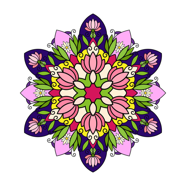 Round floral mandala with pink lily flower and leaves. On white isolated background. Suitable for covers, banners. - Vektor, Bild