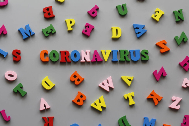 Written by CORONAVIRUS on a gray background. Quarantine all over the world. Coronavirus Prevention Pandemic of the 21st century. Epidemic prevention. - Zdjęcie, obraz