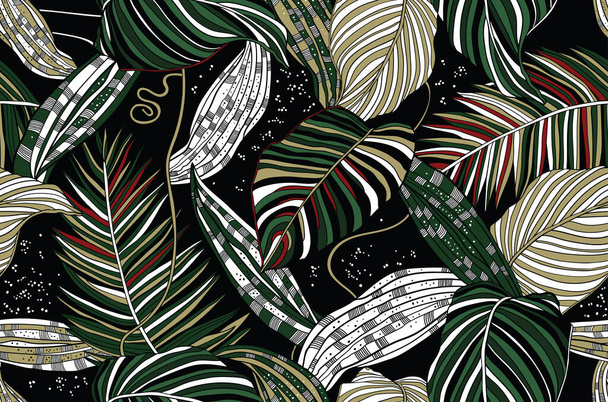 Trópusi erdei illusztráció. Természetes zökkenőmentes háttér levelek és virágok - Vektor, kép
