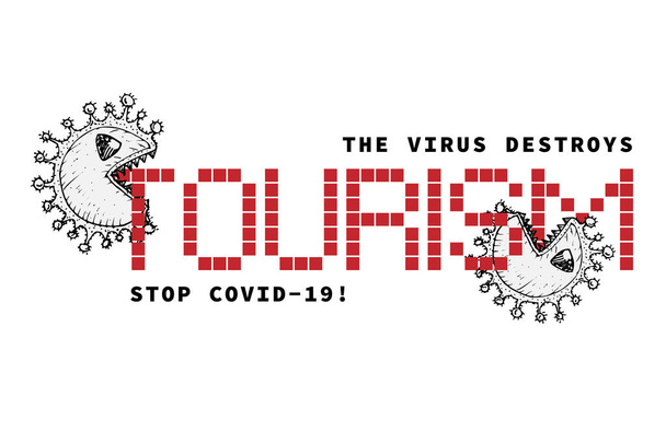 Concetto di progettazione di informazioni mediche, sociali, economiche e finanziarie poster agitativo contro l'epidemia di coronavirus con testo Il virus distrugge il turismo. Stop Covid19 Illustrazioni vettoriali
 - Vettoriali, immagini