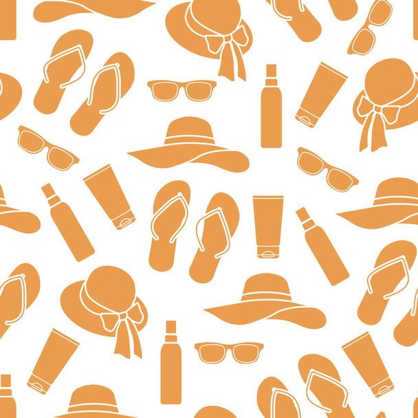 Vector travel seamless pattern Illustration with flip flops, sunscreen, sun hat, sunglasses. Summer time, vacation, holiday, leisure background Concept for travel agency Design wrapping, fabric, print - Vector, imagen