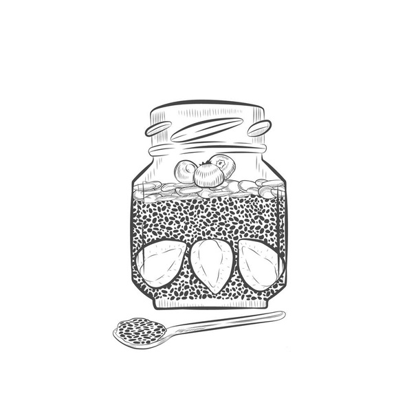 Pudim de chia com bagas em esboço vetorial de jarra de vidro. Sobremesa Chia em frasco e colher ilustração desenhada à mão
. - Vetor, Imagem