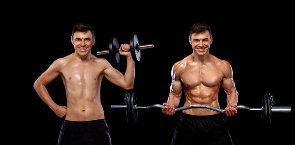 Athlete bodybuilder. Before - after coronavirus self isolation. Strong muscular athletic man pumping up muscles with barbell on black background. Workout bodybuilding concept. - Фото, изображение