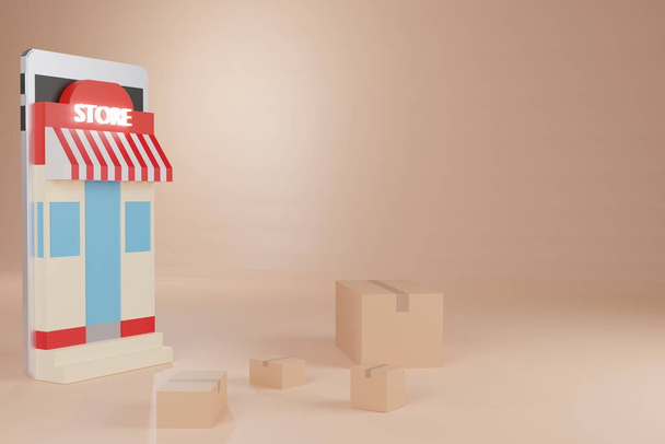 Animáció online vásárlás E-kereskedelem, áruház, doboz és szállítási teherautók okostelefonon, 3D-s renderelés - Fotó, kép